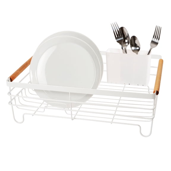 Large Basket Dish Drain w/Utensil Caddy - White / Bamboo