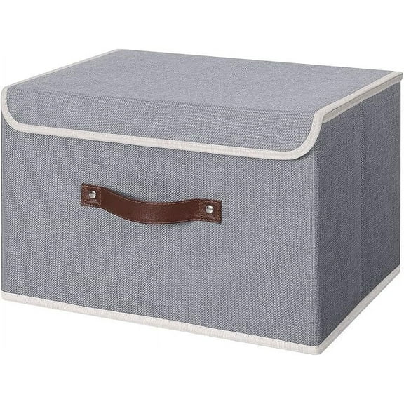 Large Basket With Lid Storage Boxes With Pu Leather Handles Pp Plastic Board Decorative Foldable Lidded Cotton Linen Fabric Home Cubes Baskets