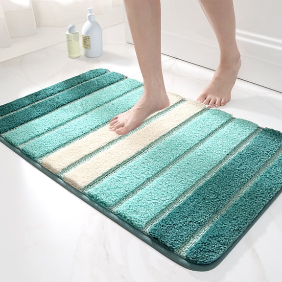 Large Bath Mat 20x31 Inches, Extra Large Non-Slip Bathroom Rug, Striped Toilet Floor Mat, Plush Absorbent Door Mat, Shaggy Carpet for Bathroom Bedroom, Machine Washable, Gray Green Purple