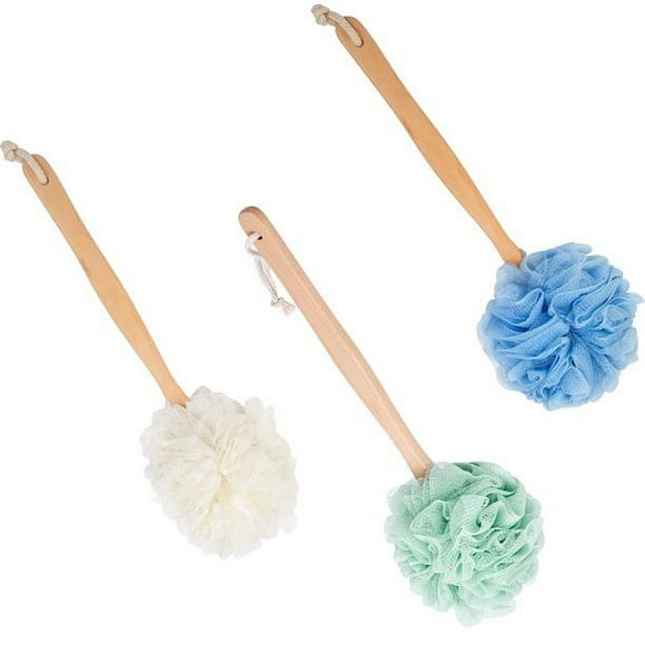 Large Bath Puff Loofah Sponge with Long Handle, Shower Loofah on Stick, Bath Body Back Brush, Spa Brush for Women and Men, 3Pcs