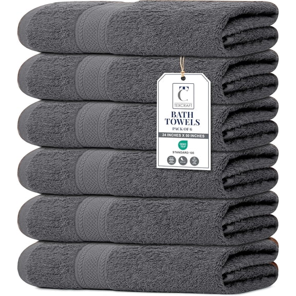 Large Bath Towels Set of 6  100% Cotton Terry  24" x 50"  Quick Dry, Soft & Highly Absorbent  Grey Towels for Bathroom, Gym, Spa, Pool & Daily Use