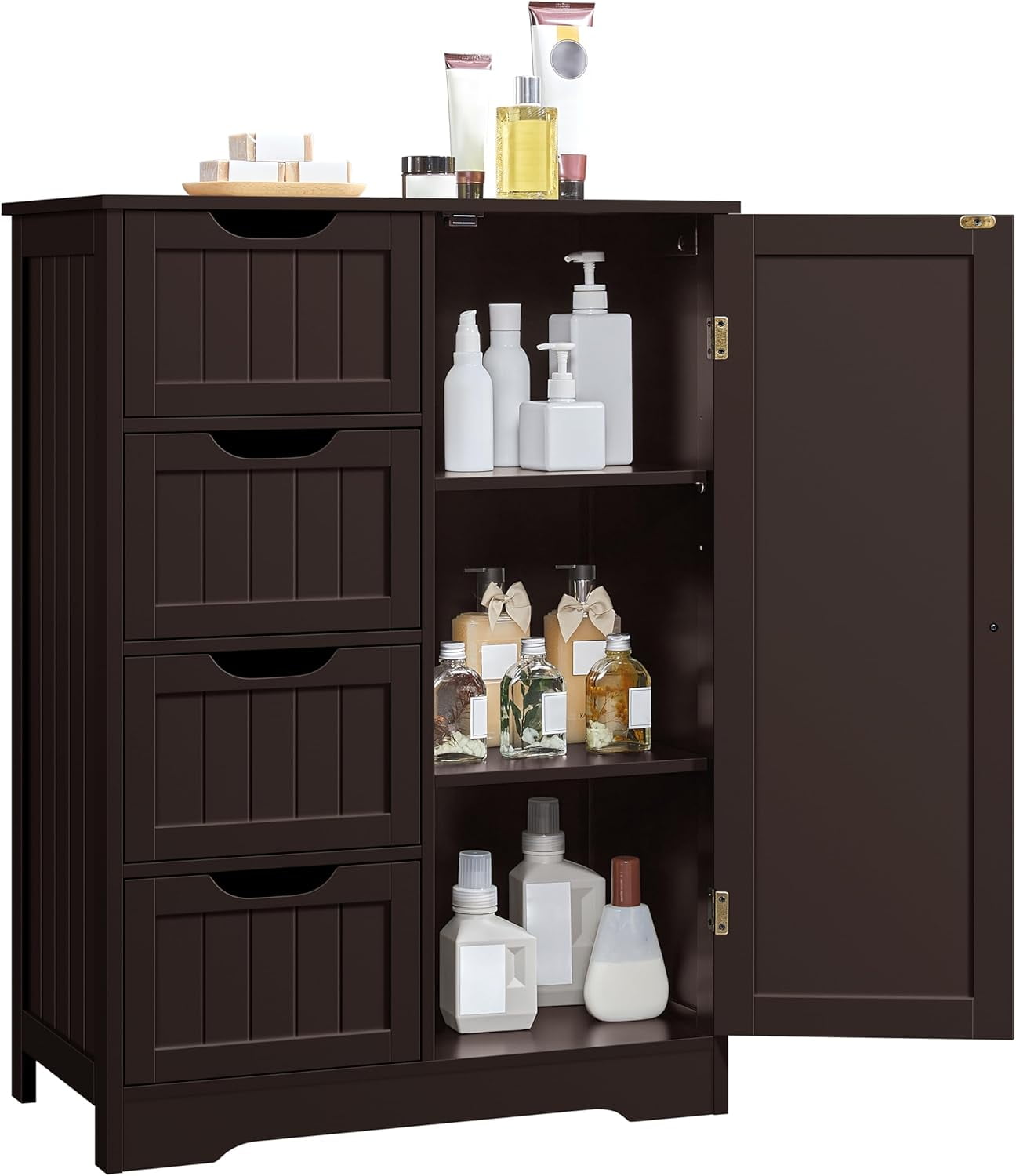 Large Bathroom Floor Cabinet with 4 Drawers and Single Door Cabinet, Freestanding Storage Cabinet for Living Room Kitchen Hallway, Espresso