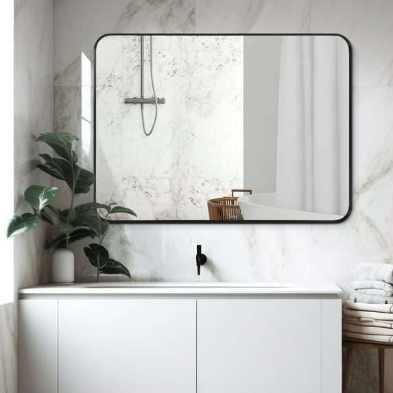 Large Bathroom Mirror 40x30 Inch, Black Metal Framed Vanity Mirror with Rounded Corners, Wall Mounted, Anti-Rust, Tempered Glass, Perfect for Bathroom Decor, Hangs Horizontally or Vertically