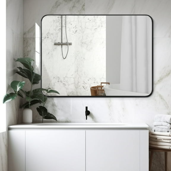 Large Bathroom Mirror 40x30 Inch, Black Metal Framed Vanity Mirror with Rounded Corners, Wall Mounted, Anti-Rust, Tempered Glass, Perfect for Bathroom Decor, Hangs Horizontally or Vertically