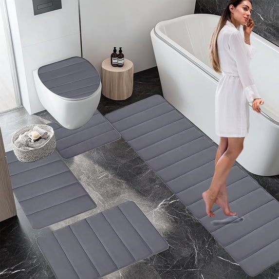 Large Bathroom Rug Mat 5 Set - Soft, Water Absorption, Non Slip, Thick & Washable Mats for Toilet and Floor