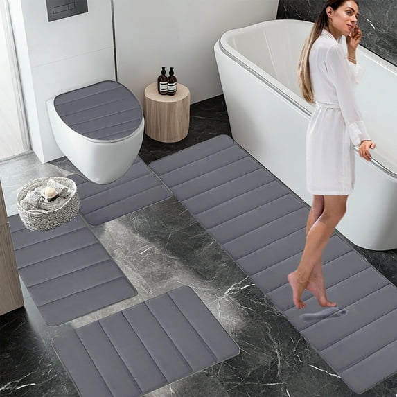 Large Bathroom Rug Mat Set, 5-Piece Soft Non-Slip Absorbent Toilet and Bath Mats, Thick Washable Dark-Color Bathroom Rugs