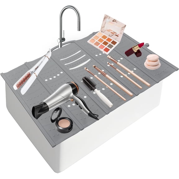 Large Bathroom Sink Makeup Mat Space Saver,Silicone Makeup Organizer Cover for Over Countertop,Small Bathroom Must Haves Accessories Rv Camper Travel Foldable Gadgets-Grey
