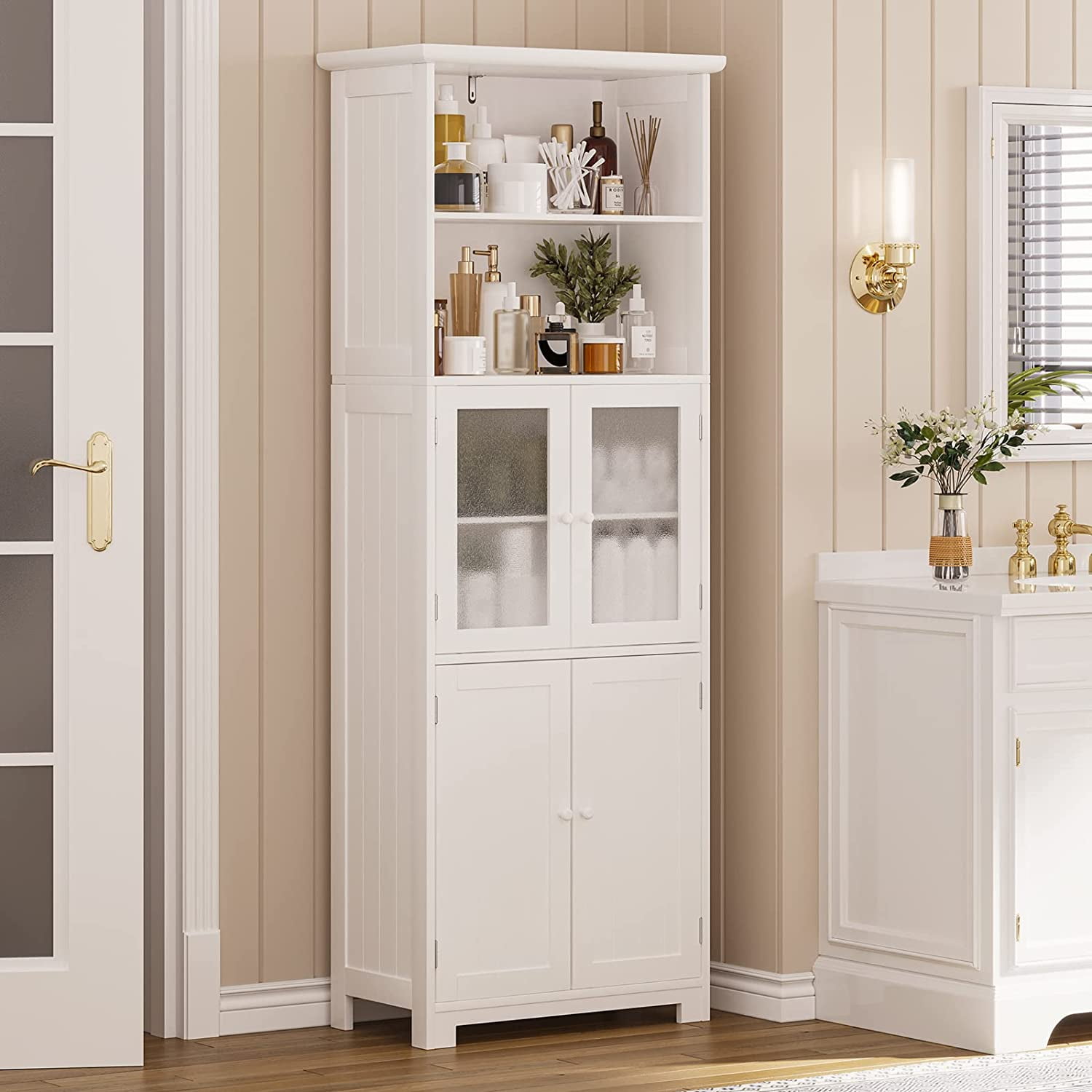  Tiptiper Tall Large Floor Storage Cabinet with Open  Compartments and 2 Cabinets with Doors, 64” Height Freestanding Linen Tower  Cabinet, for Home Kitchen, Bathroom, Living Room, White : Home & Kitchen
