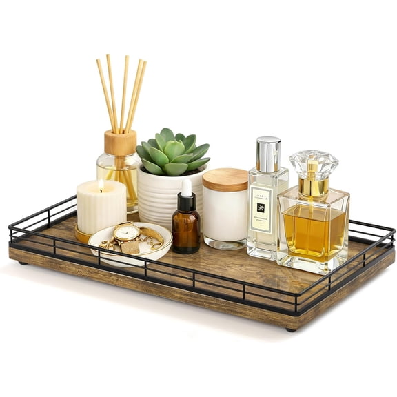 Large Bathroom Vanity Tray  13" x 8" Decorative Wooden Tray for Bathroom Countertop & Vanity Organizer, Wood Tray for Perfume, Skincare Accessories Storage, Vanity Dresser Decor Black & Rustic Brown