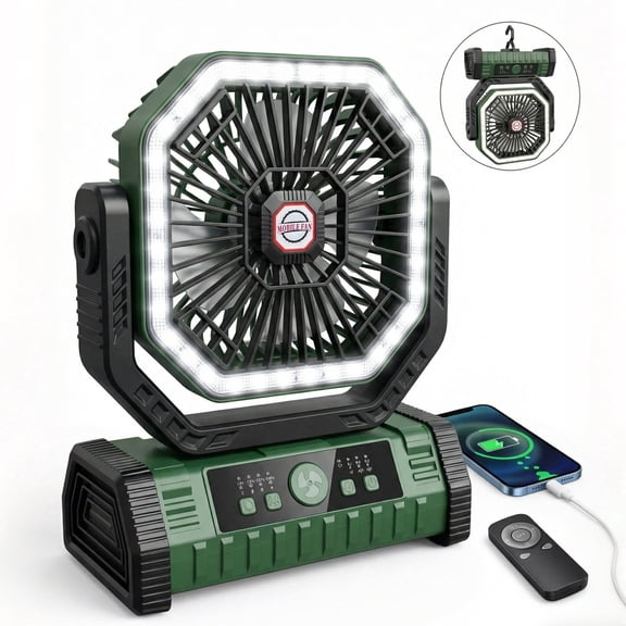 DAYBETTER Oscillating Camping Fan with LED Lantern, 20000mAh Rechargeable Timer Portable Fan with 4 Speed & 3 Brightness, Remote Control for Car Travel Camping Gear Emergency Power