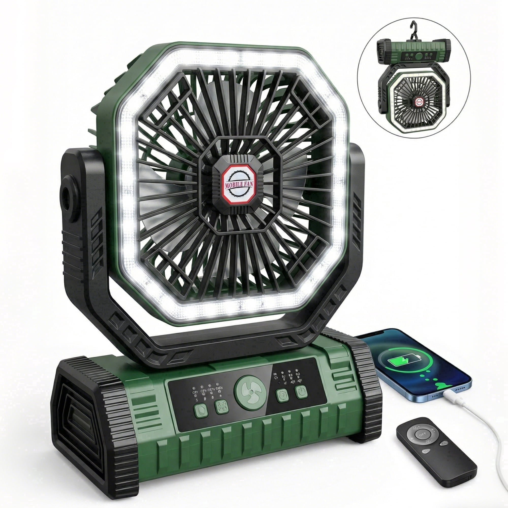 DAYBETTER Oscillating Camping Fan with LED Lantern, 20000mAh Rechargeable Timer Portable Fan with 4 Speed & 3 Brightness, Remote Control for Car Travel Camping Gear Emergency Power