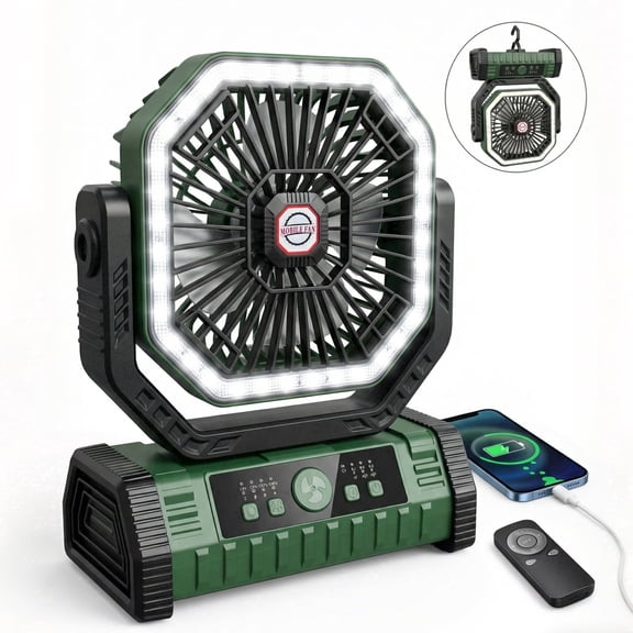 DAYBETTER Oscillating Camping Fan with LED Lantern, 20000mAh Rechargeable Timer Portable Fan with 4 Speed & 3 Brightness, Remote Control for Car Travel Camping Gear Emergency Power