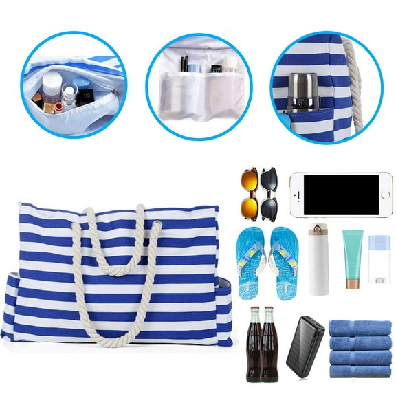Large Beach Bag Canvas Striped Tote Bag Durable Tote Shoulder Bag with Waterproof Phone Case, Bottle Opener and Key Holder