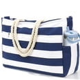 thumbnail image 1 of Oversized Tote Bag for Women and Girls,Canvas  beach bag, Waterproof Sandproof Travel Tote Bag with Wet Pocket, Striped Swim Pool bag Zipper Closure,Dark Blue, 1 of 9
