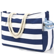 Oversized Tote Bag for Women and Girls,Canvas  beach bag, Waterproof Sandproof Travel Tote Bag with Wet Pocket, Striped Swim Pool bag Zipper Closure,Dark Blue