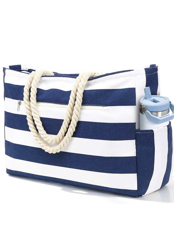 Oversized Tote Bag for Women and Girls,Canvas beach bag, Waterproof Sandproof Travel Tote Bag with Wet Pocket, Striped Swim Pool bag Zipper Closure,Dark Blue