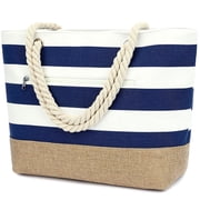 Canvas Tote Bag for Women , Oversized Beach Bag,Waterproof Sandproof Travel Tote Bag with Wet Pocket, Striped Swim Pool bag Zipper Closure,Dark Blue
