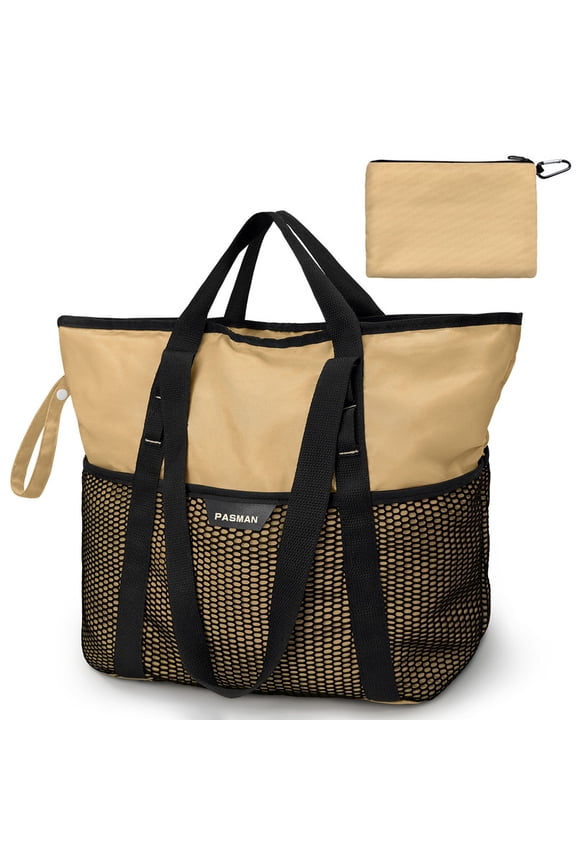 Large Beach Bag with Zipper - 8 Pockets Sandproof Beach Tote Bag for Women,Foldable Lightweight Family Swim Bag Vacation