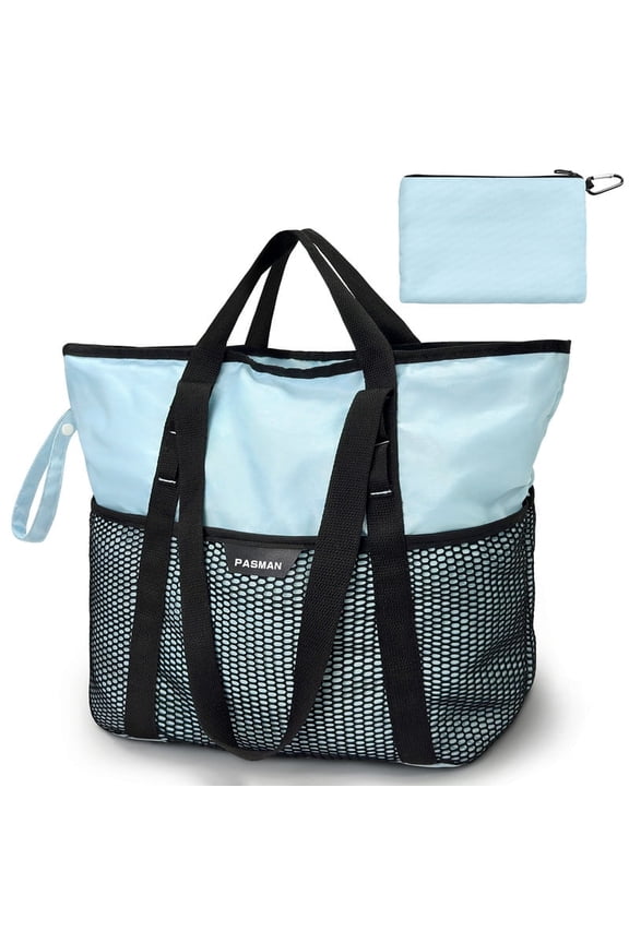 Large Beach Bag with Zipper - 8 Pockets Sandproof Beach Tote Bag for Women,Foldable Lightweight Family Swim Bag Vacation