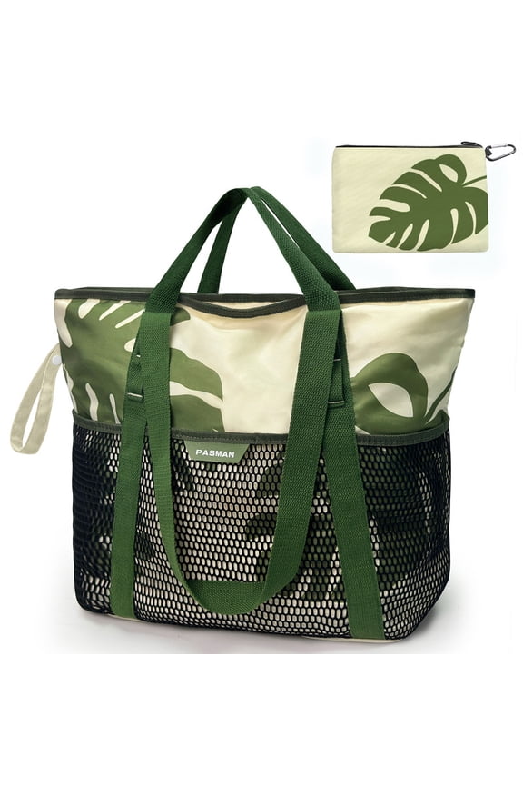 Large Beach Bag with Zipper - 8 Pockets Sandproof Beach Tote Bag for Women,Foldable Lightweight Family Swim Bag Vacation