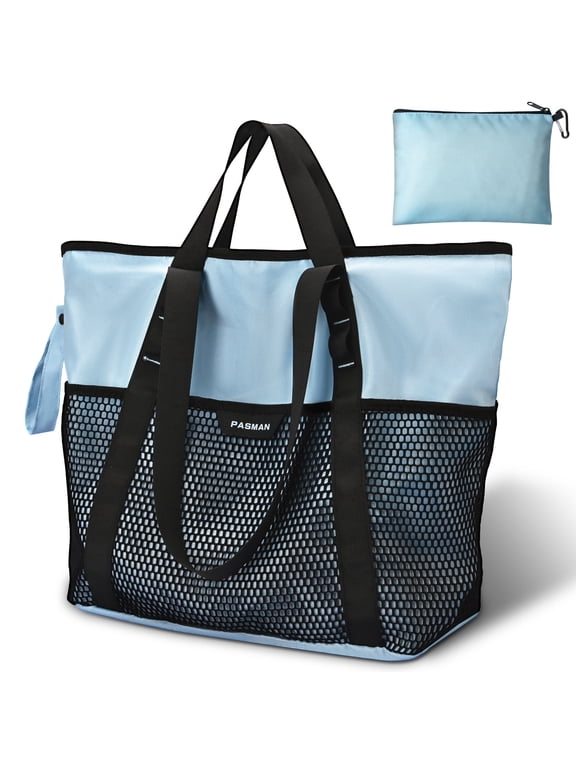 Large Beach Bag with Zipper - 8 Pockets Sandproof Beach Tote Bag for Women,Foldable Lightweight Family Swim Bag Vacation