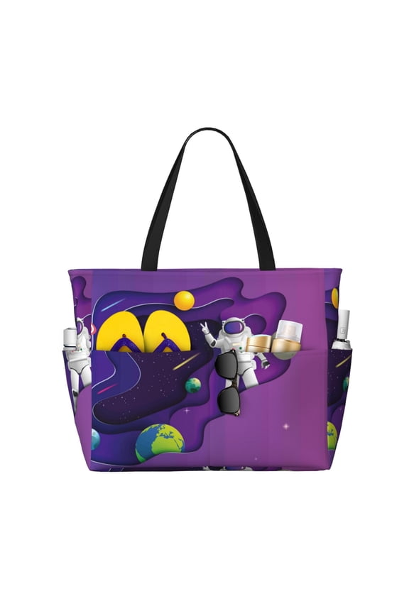 Large Beach Bags Water-resistant Sandproof - Astronaut on Mission in Outer Space Cute Beach Tote Bags for Women with Zipper