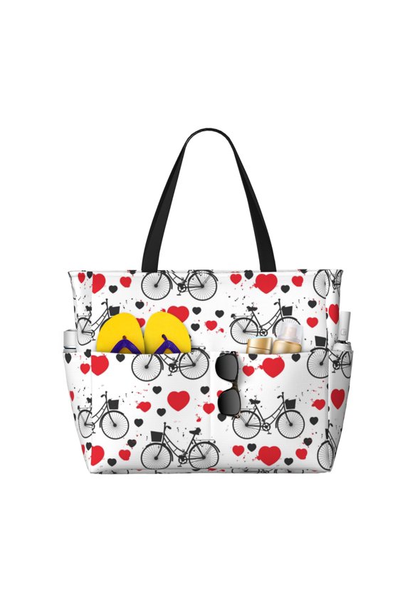 Large Beach Bags Water-resistant Sandproof - Bike Pattern hearts Cute Beach Tote Bags for Women with Zipper