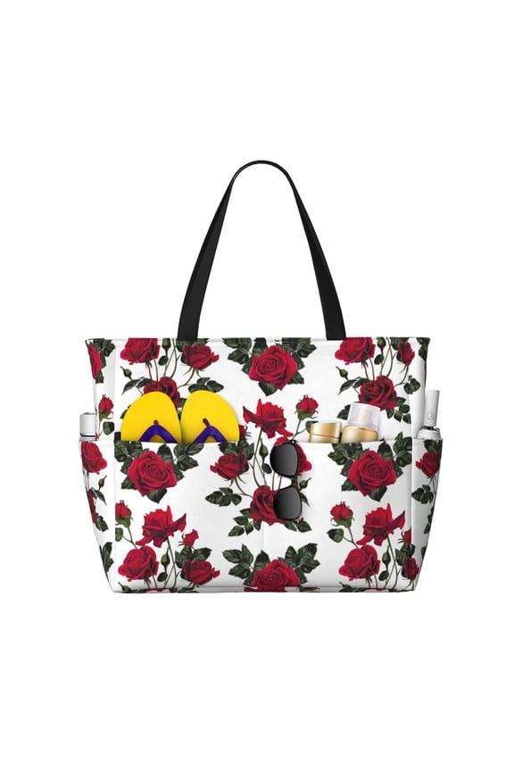 Large Beach Bags Water-resistant Sandproof - Bloom Rose Flowers Cute Beach Tote Bags for Women with Zipper