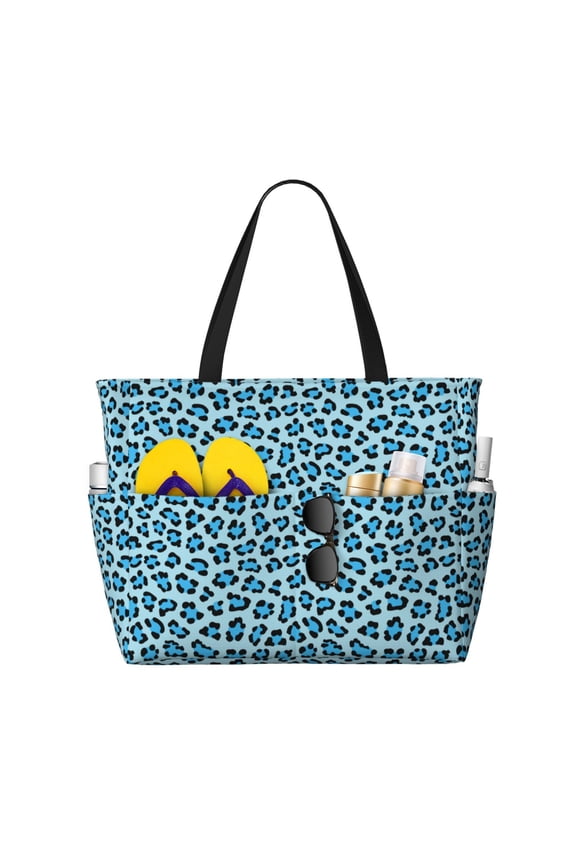 Large Beach Bags Water-resistant Sandproof - Blue leopard print Cute Beach Tote Bags for Women with Zipper