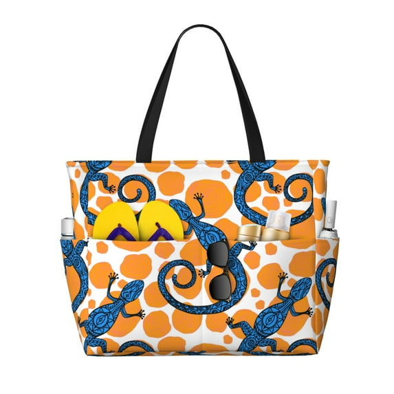 Large Beach Bags Water-resistant Sandproof - Bohemian Lines Gecko Lizards Cute Beach Tote Bags for Women with Zipper