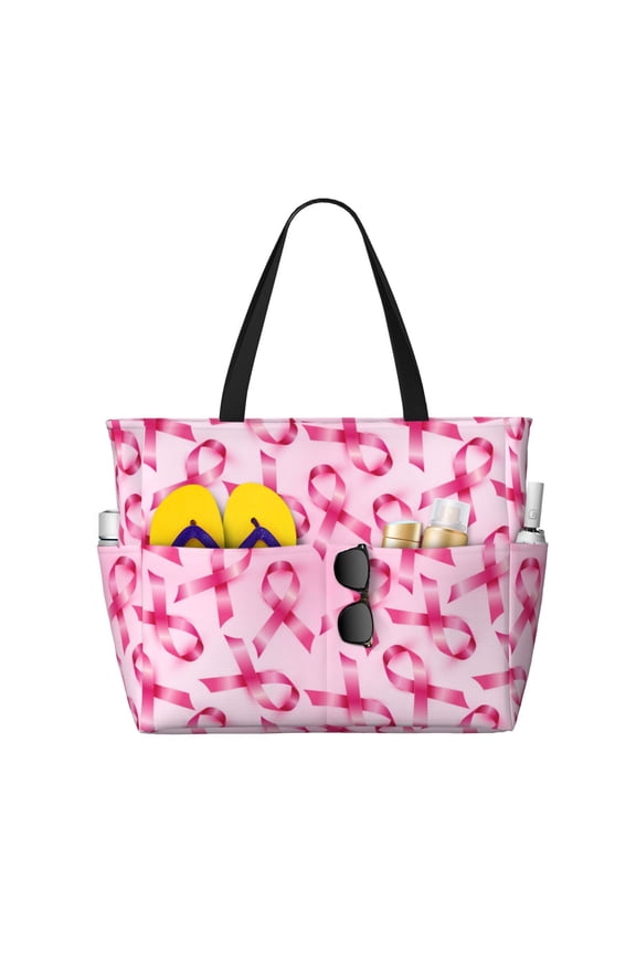 Large Beach Bags Water-resistant Sandproof - Breast Cancer Awareness-Q Cute Beach Tote Bags for Women with Zipper