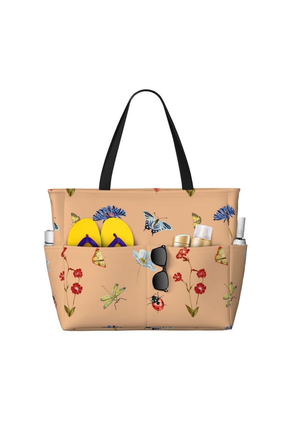 Large Beach Bags Water-resistant Sandproof - Butterflies Flowers Ladybugs Cute Beach Tote Bags for Women with Zipper
