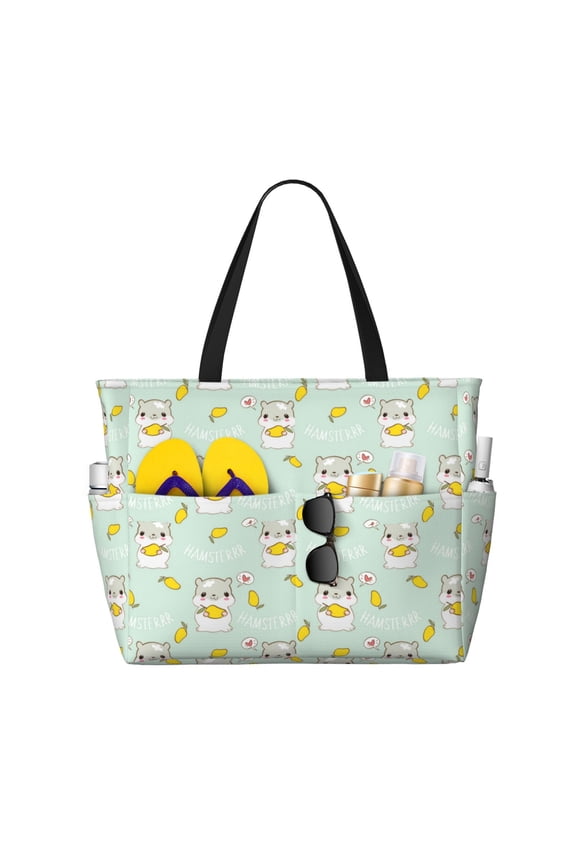 Large Beach Bags Water-resistant Sandproof - Cartoon Cute Hamster Mango Green Cute Beach Tote Bags for Women with Zipper