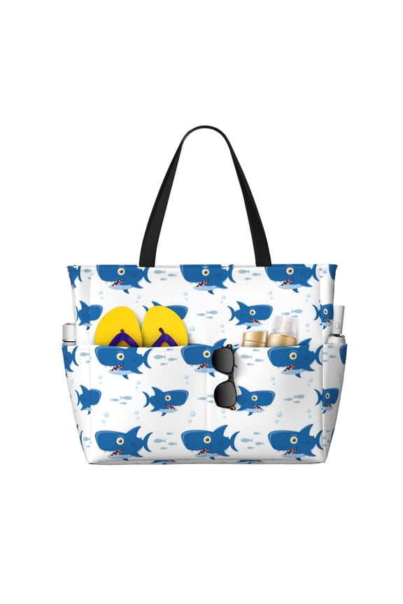 Large Beach Bags Water-resistant Sandproof - Cartoon Cute Shark Blue_A Cute Beach Tote Bags for Women with Zipper