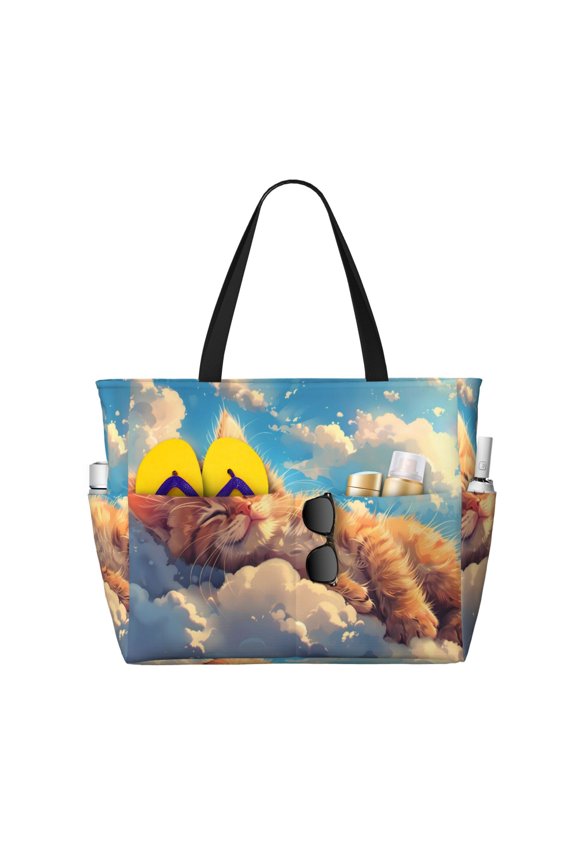 Large Beach Bags Water-resistant Sandproof - Cloud Sleeping Cat Cute Beach Tote Bags for Women with Zipper
