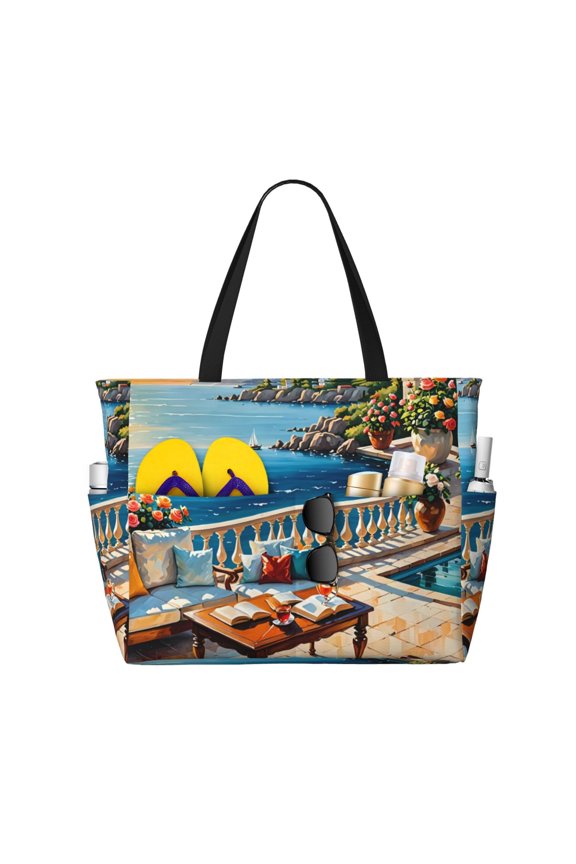 Large Beach Bags Water-resistant Sandproof - Coastal Style Garden Villa Cute Beach Tote Bags for Women with Zipper