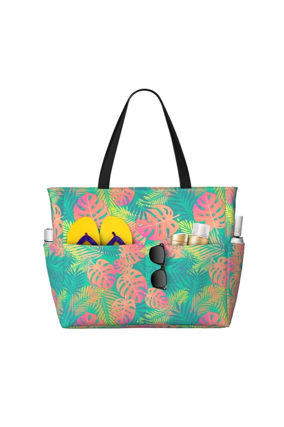 Large Beach Bags Water-resistant Sandproof - Colorful Palm Leaves Cute Beach Tote Bags for Women with Zipper
