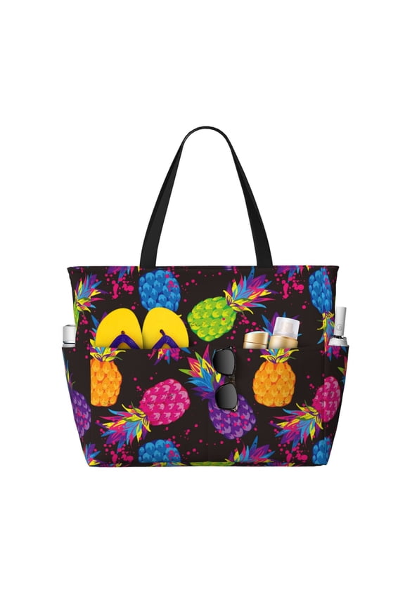 Large Beach Bags Water-resistant Sandproof - Colorful Pineapple Black Cute Beach Tote Bags for Women with Zipper