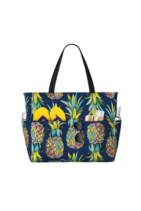 Large Beach Bags Water-resistant Sandproof - Colorful Pineapples Cute Beach Tote Bags for Women with Zipper