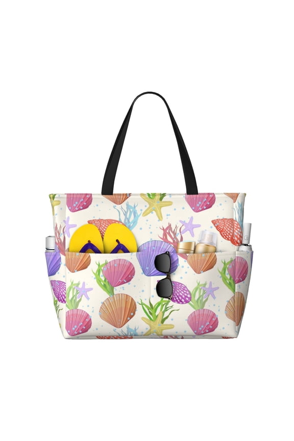 Large Beach Bags Water-resistant Sandproof - Colorful Shell Conch Cute Beach Tote Bags for Women with Zipper