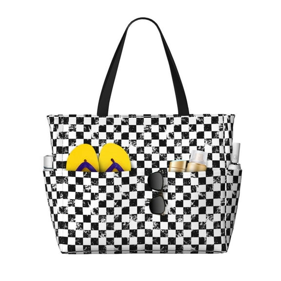Large Beach Bags Water-resistant Sandproof - Creative checkered black white Cute Beach Tote Bags for Women with Zipper