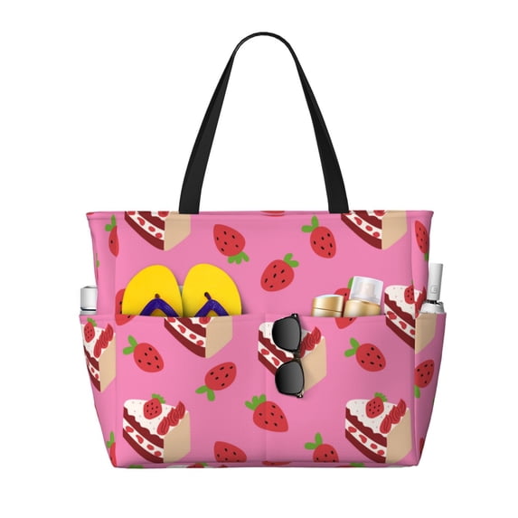 Large Beach Bags Water-resistant Sandproof - Cute Cake Strawberry Cute Beach Tote Bags for Women with Zipper