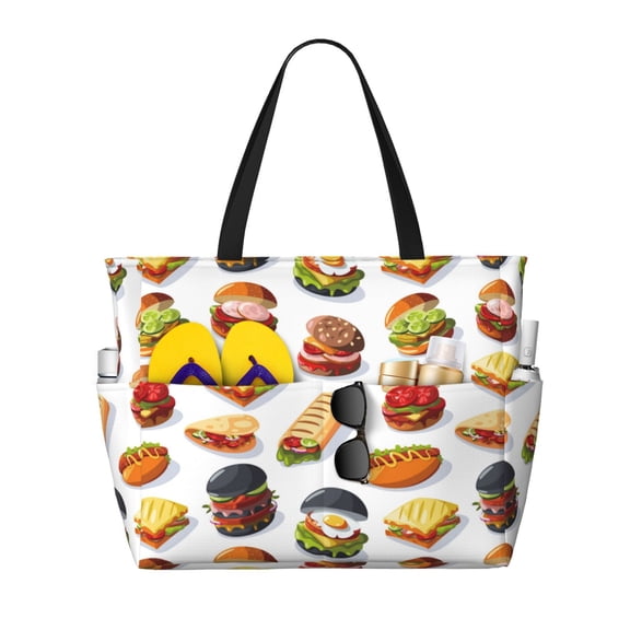 Large Beach Bags Water-resistant Sandproof - Cute Cheese Hamburger Chicken roll Cute Beach Tote Bags for Women with Zipper