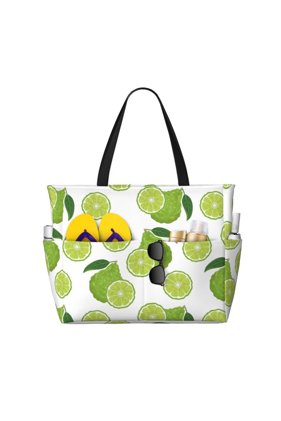 Large Beach Bags Water-resistant Sandproof - Cute Forest Green Limes Cute Beach Tote Bags for Women with Zipper