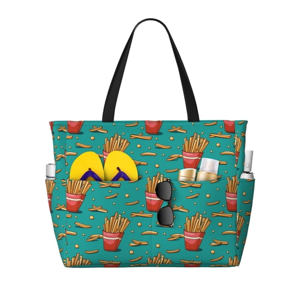 Large Beach Bags Water-resistant Sandproof - Cute Fries Cute Beach Tote Bags for Women with Zipper