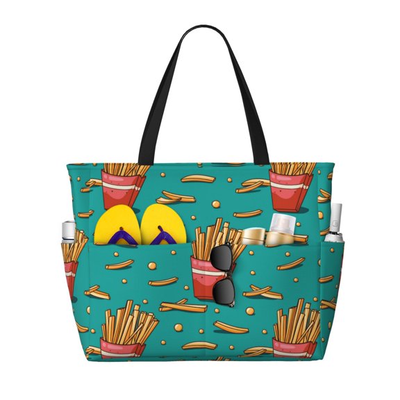Large Beach Bags Water-resistant Sandproof - Cute Fries Cute Beach Tote Bags for Women with Zipper