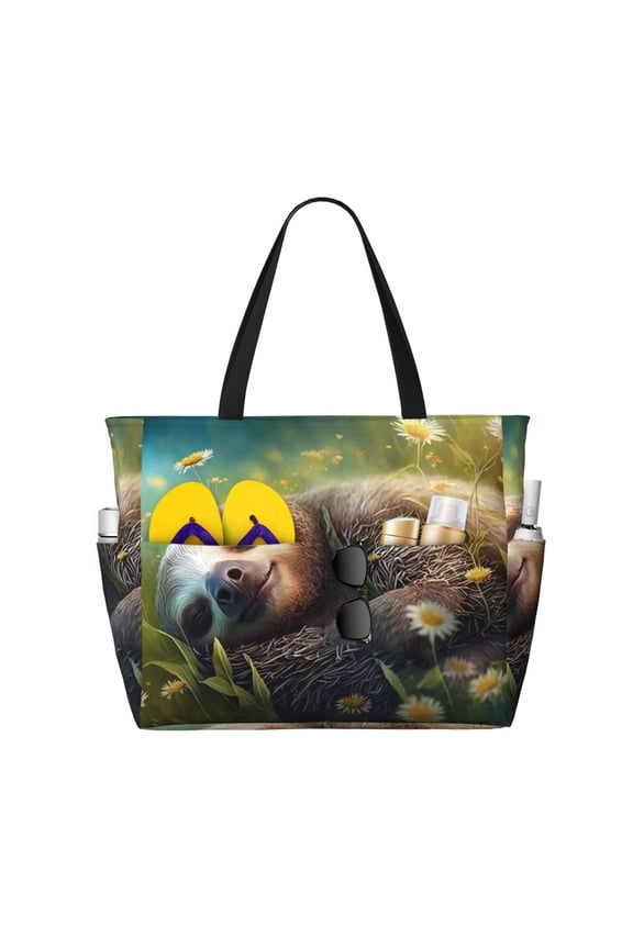 Large Beach Bags Water-resistant Sandproof - Daisy Sleeping Sloth Cute Beach Tote Bags for Women with Zipper
