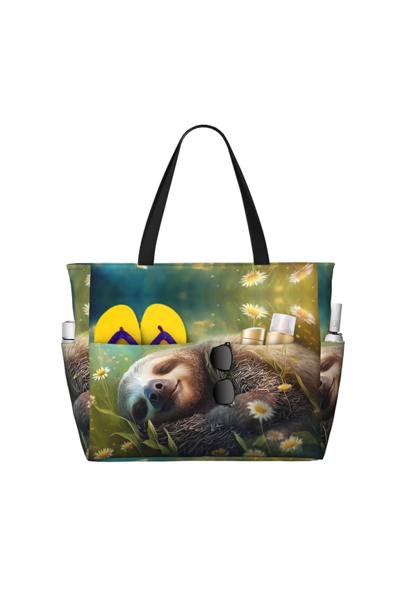 Large Beach Bags Water-resistant Sandproof - Daisy Sleeping Sloth Cute Beach Tote Bags for Women with Zipper