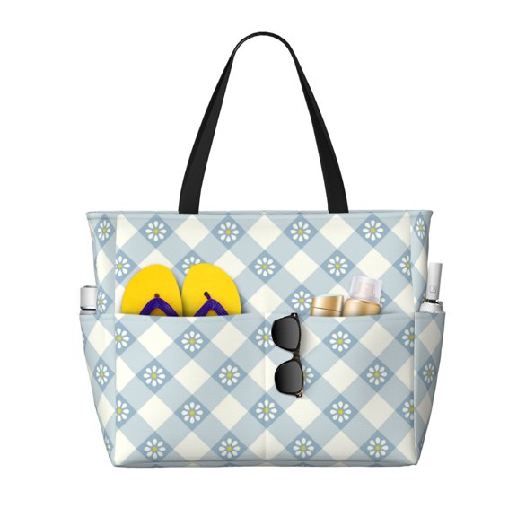 Large Beach Bags Water-resistant Sandproof - Daisy plaid blue Cute Beach Tote Bags for Women with Zipper