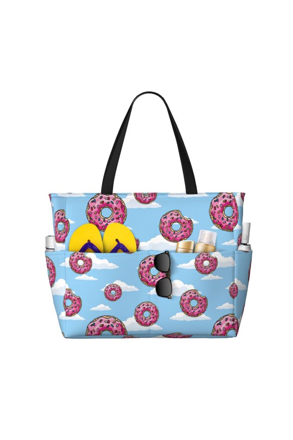 Large Beach Bags Water-resistant Sandproof - Donut Clouds Print Cute Beach Tote Bags for Women with Zipper